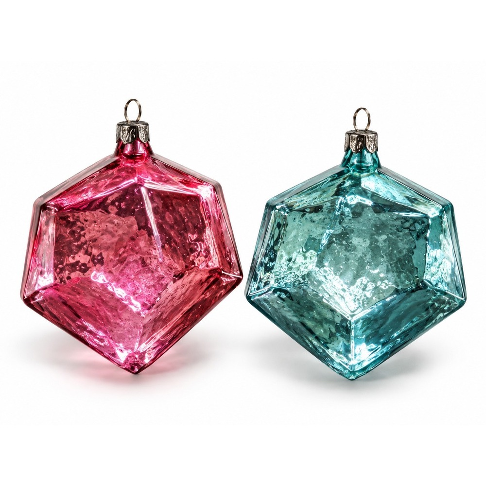 Vintage Lot Of 2 Russian Soviet-Era Blown Glass Geometric Christmas Ornaments